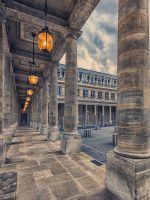 Palais Royal courtyard in Paris, France, where the Colonnes de Buren art installation is located