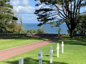 View of ocean and crosses in Normandy American Cemetery and Memorial