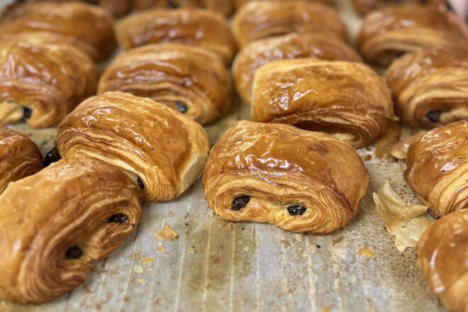Tray of baked pains au chocolat