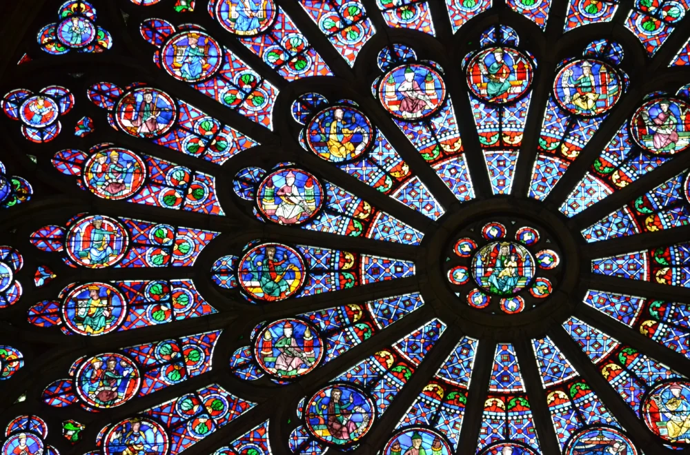 Close up of stained glass window during Notre Dame Walking Tour