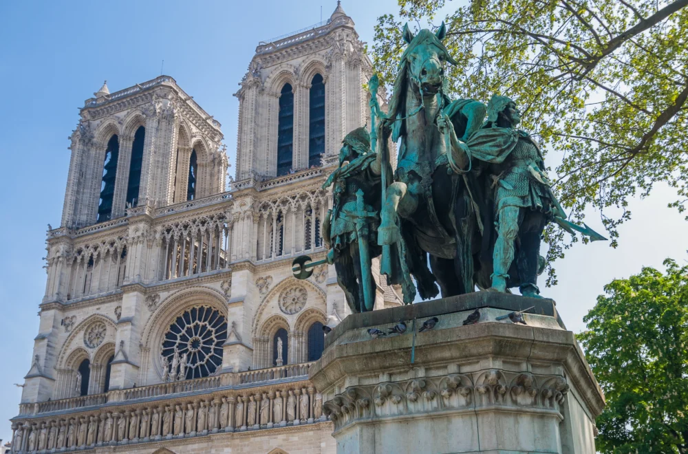 Equestrian statue of Charlemagne near Notre Dame cathedral in Paris, France