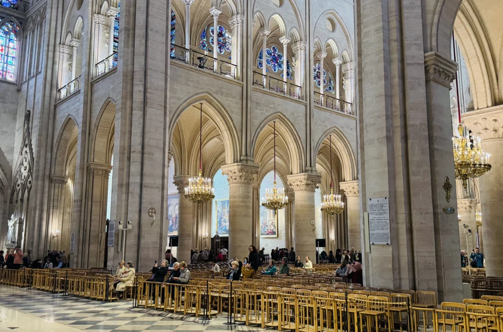 View of seats inside Notre-Dame in Paris