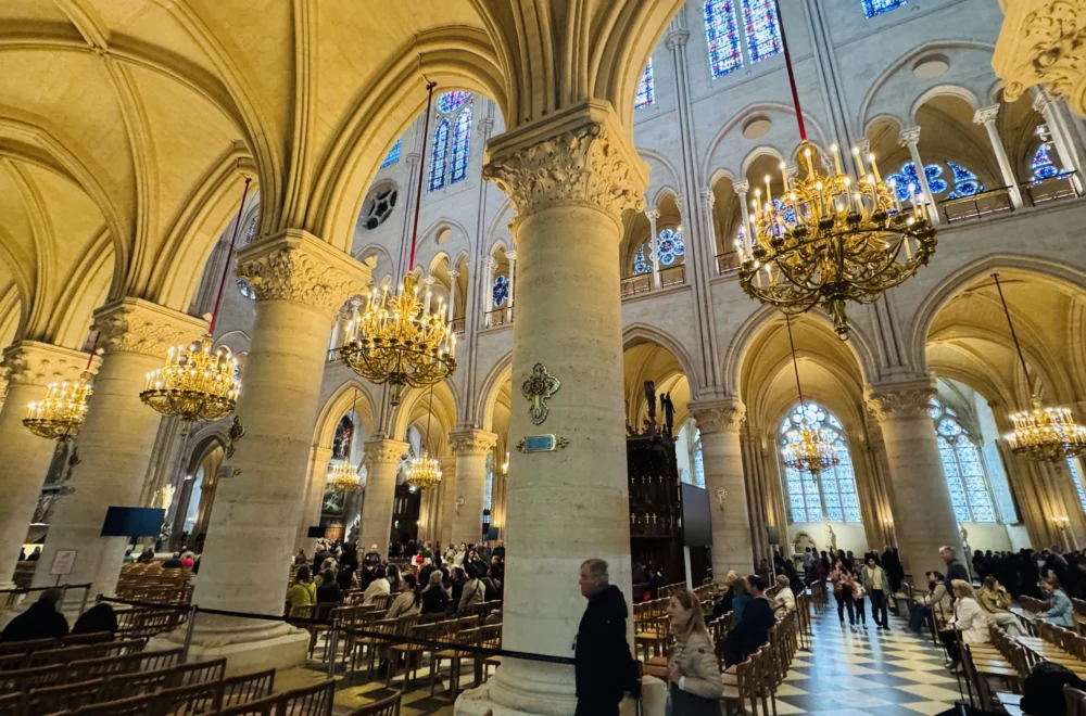 Wide shot of people inside cathedral during Notre-Dame tour in Paris