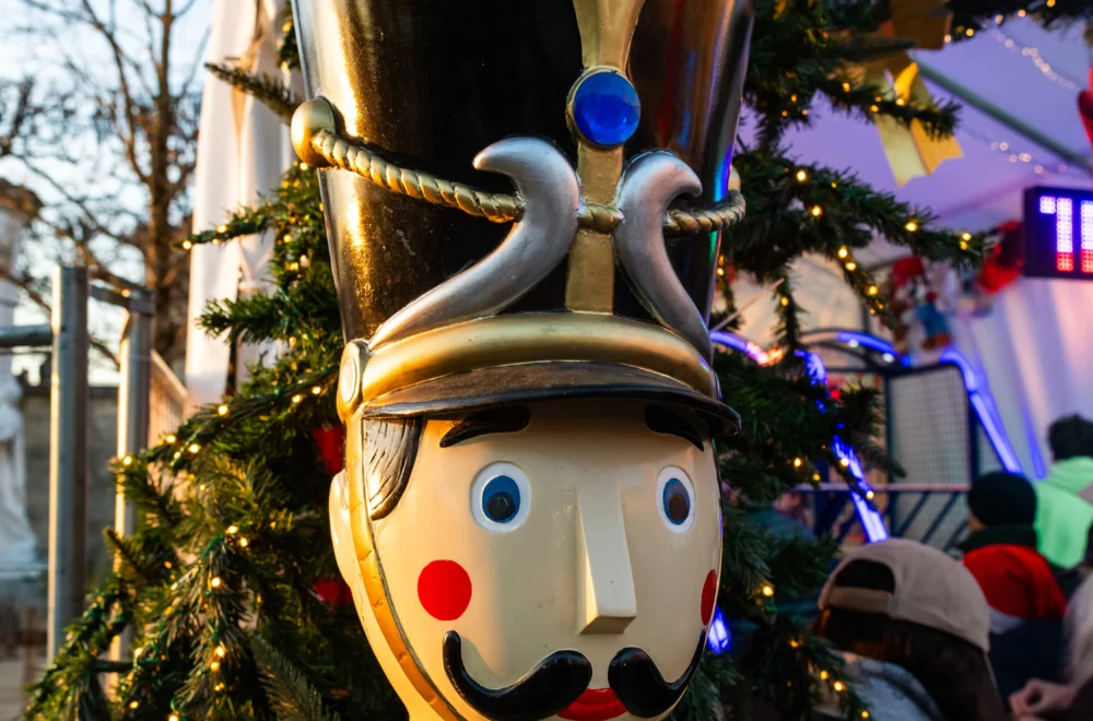 Close up of nutcracker holiday decorations at Jardin des Tuileries in Paris
