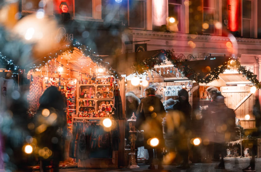 View of Christmas Market stalls during private Paris Christmas Lights guided tour