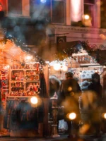 View of Christmas Market stalls during private Paris Christmas Lights guided tour