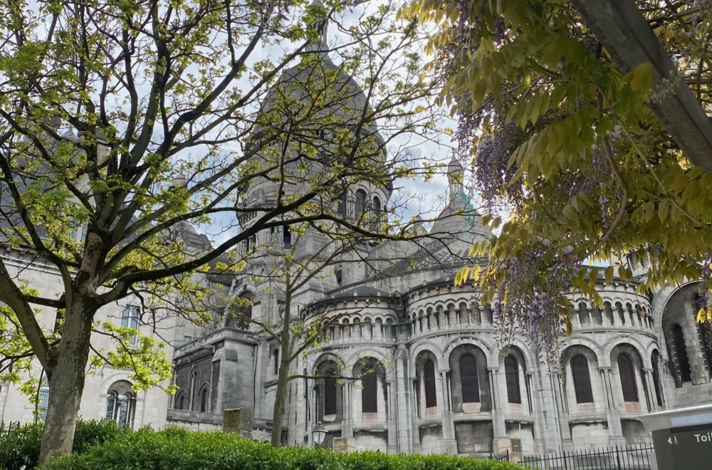 View of Sacré-Cœur Basilica through trees during private tour in Paris