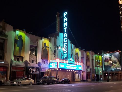 Theater in LA at night for a walking tour