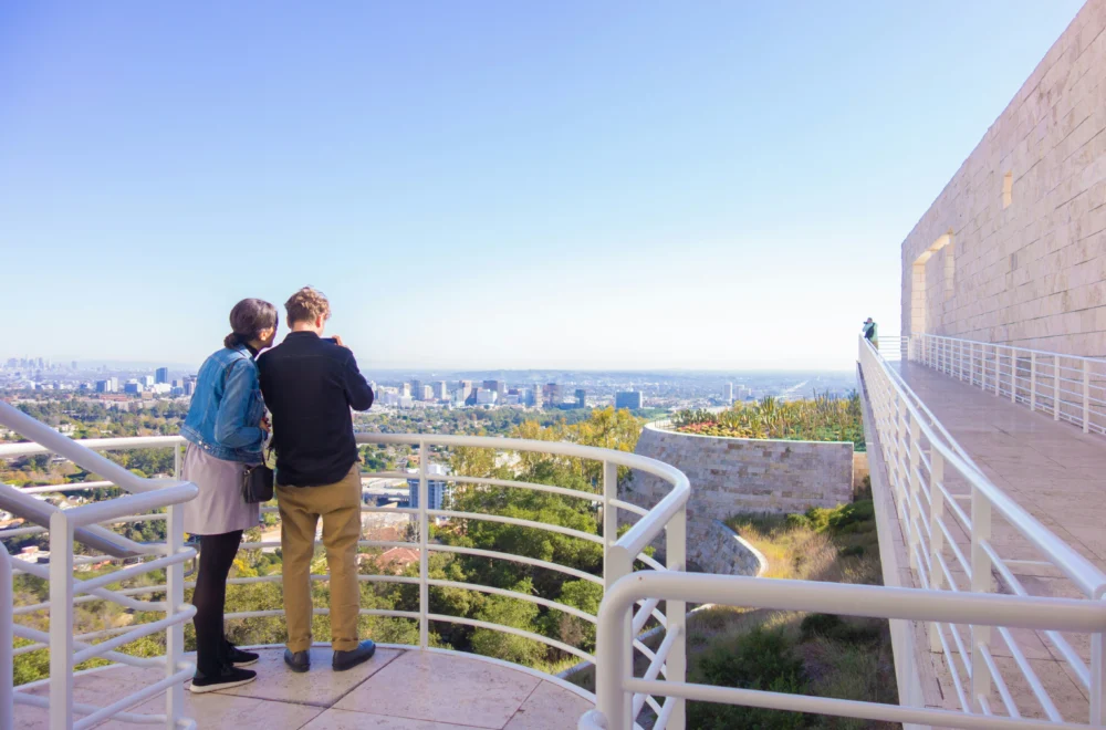 A couple admiring the view of Los Angeles during Getty Center Walking Tour