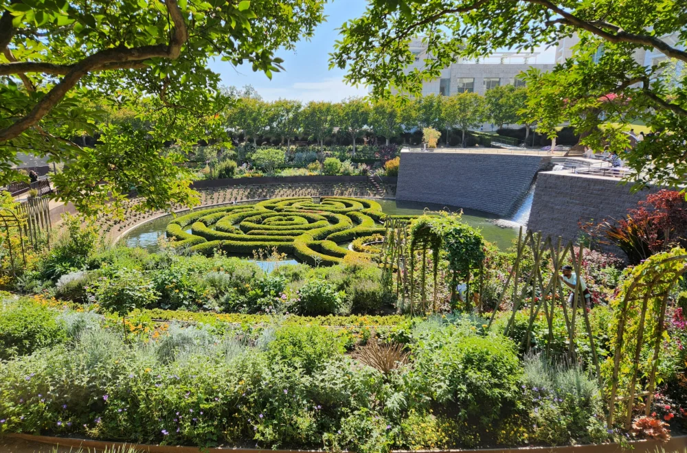 High angle shot of Getty Museum maze garden during Getty Center Guided Tour in LA