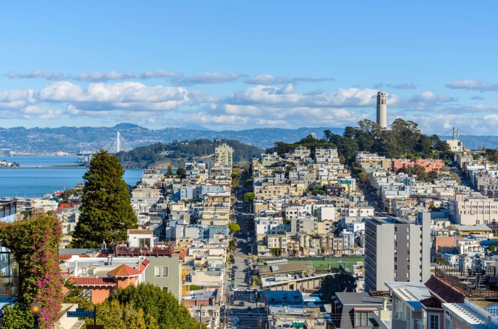 A panoramic view of neighborhoods of Telegraph Hill, Coit Tower and San Francisco Bay, looking from top of Russian Hill, San Francisco