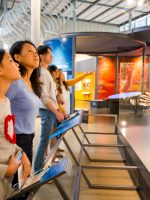 Museum guests looking at Giants of Land and Sea exhibit in the California Academy of Sciences