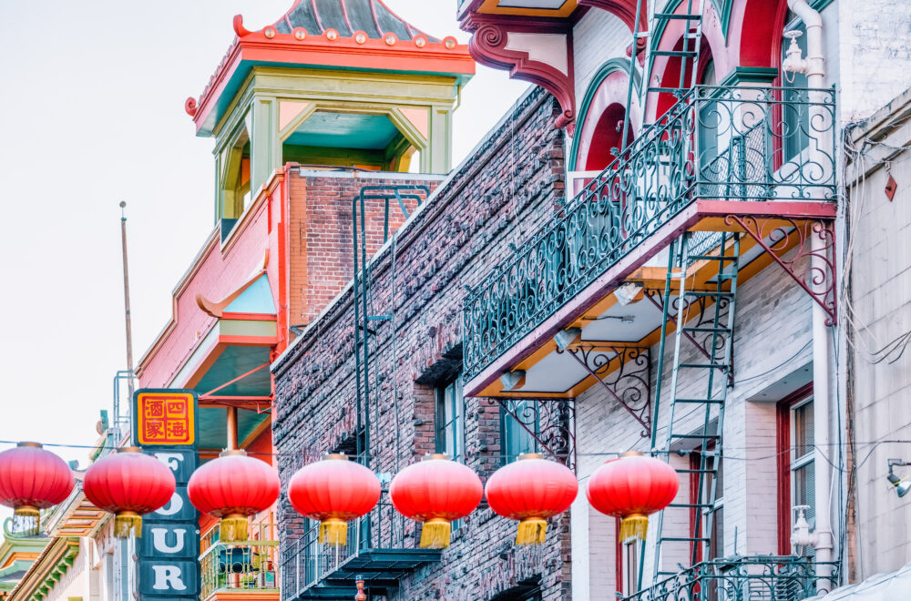 San Francisco, USA - October 16, 2021, Chinatown in San Francisco. Chinese lanterns on the street. Photo edited in pastel colors.