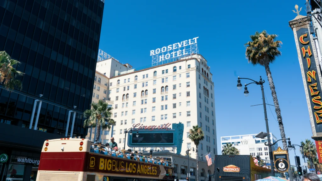 Hollywood Boulevard with view of Roosevelt Hotel in LA