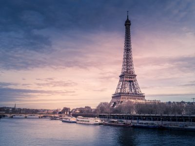 Eiffel Tower seen over the river from a distance