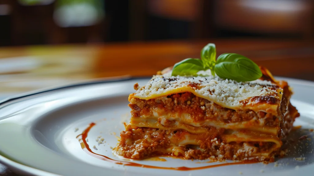 A white plate topped with lasagna covered in sauce