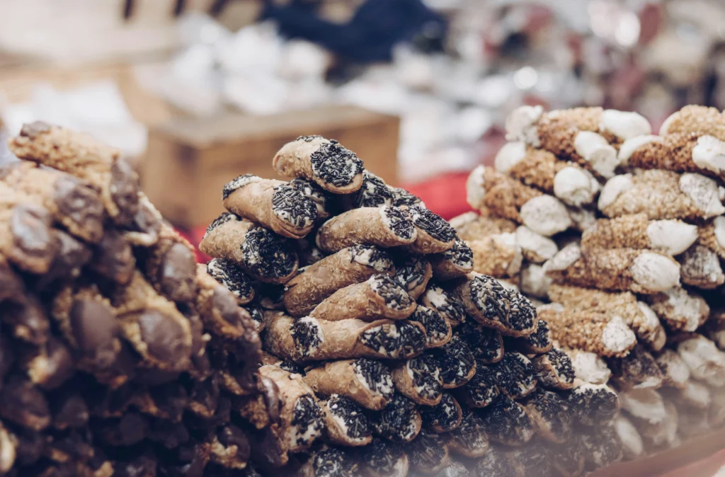 Close up of cannolis at Christmas Fair