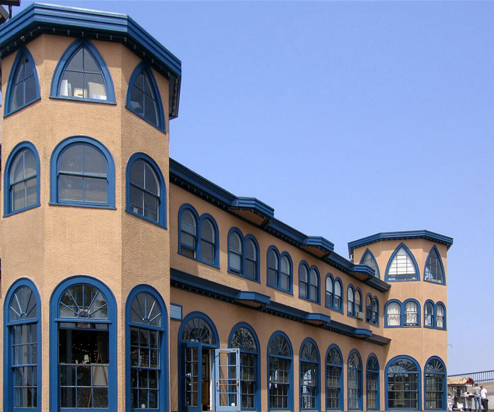 Santa Monica Pier hippodrome with Moorish architecture and blue windows