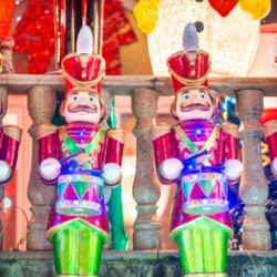 Unique ornaments in front of house during Dyker Heights Christmas Lights tour