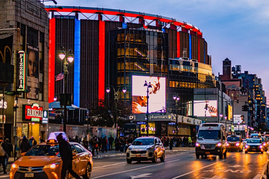 View of street and Madison Square Garden in New York City