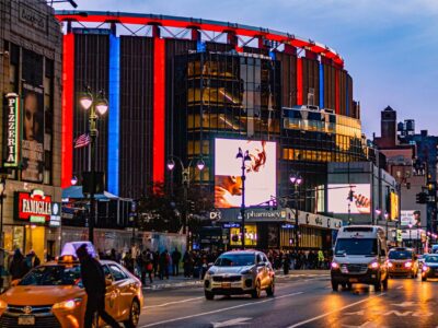 View of street and Madison Square Garden in New York City