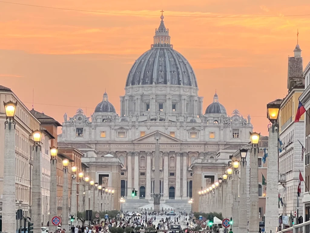Close up of St. Peter's Square during sunset