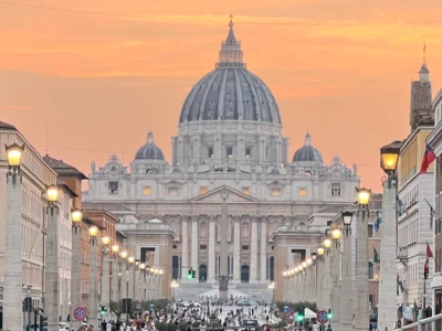 Close up of St. Peter's Square during sunset