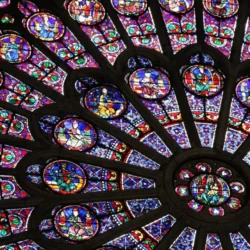 stained glass rose window of restored notre dame de paris
