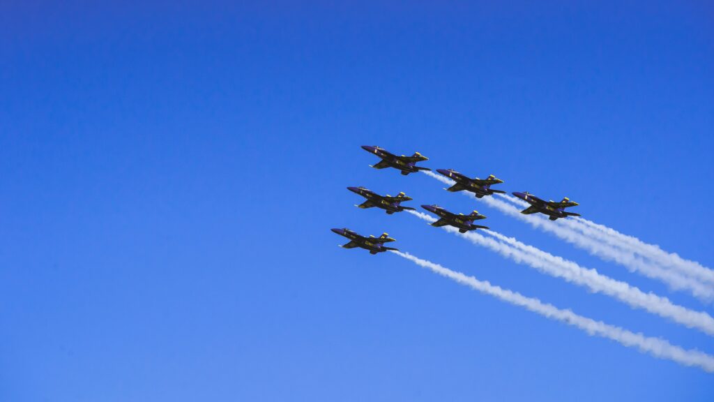 Group of fighter jets in blue skies