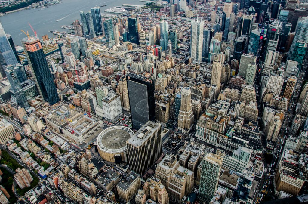 High angle shot of Madison Square Garden and NYC
