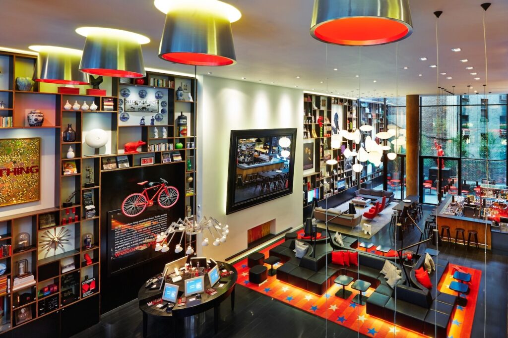 Lobby of CitizenM Hotel in Times Square NYC
