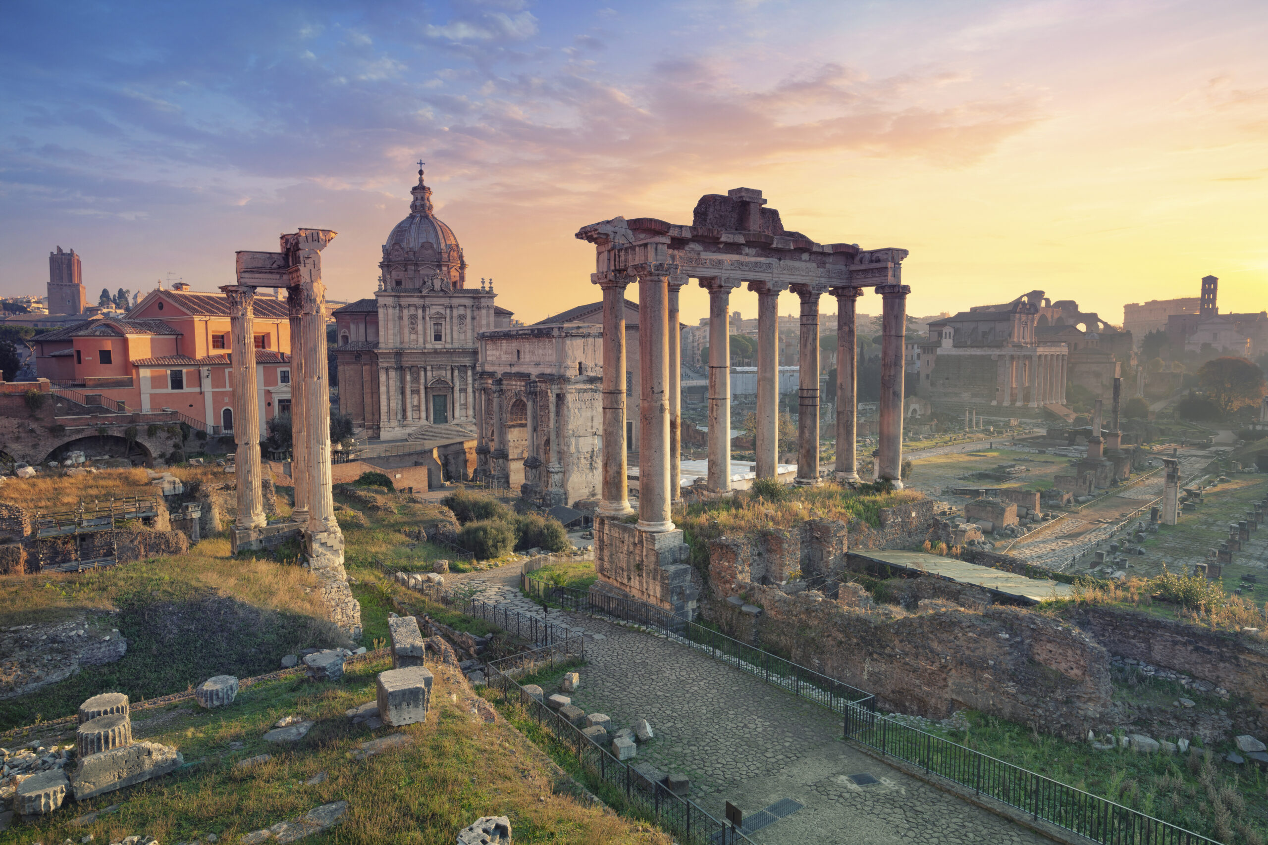 Rome, Italy -- Roman Forum ruins, columns and ancient stone under open sky