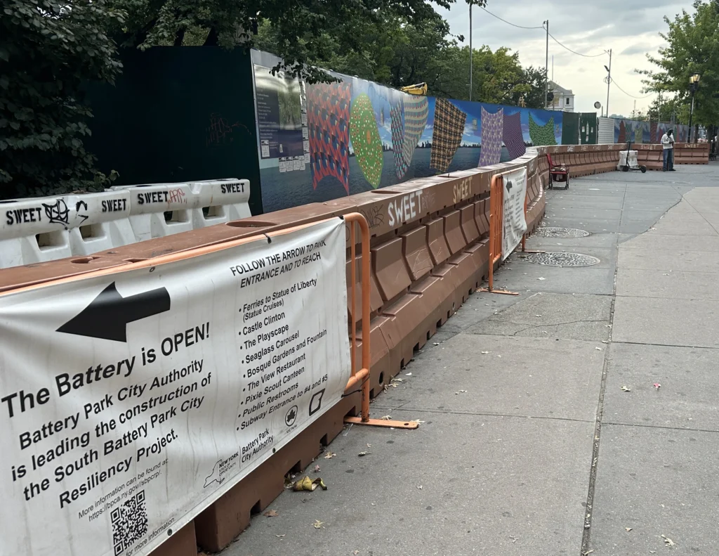 Barricades with sign near Battery Park in NYC