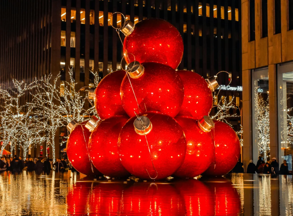Giant Christmas Balls on Display over Water Fountain in NYC