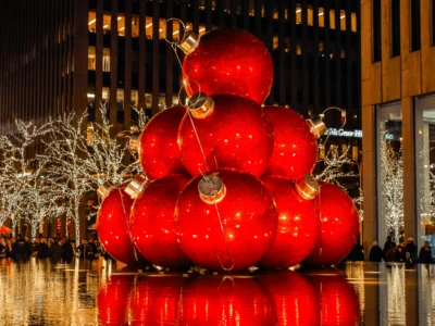 Giant Christmas Balls on Display over Water Fountain in NYC
