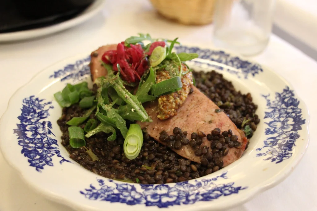 Close up of dish from Au Moulin à Vent restaurant in Paris